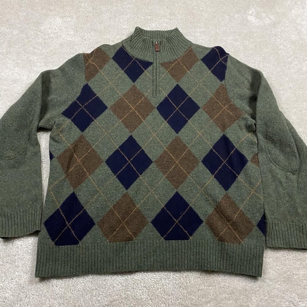 J Crew Sweater Mens XL Green Lambswool Argyle 1/4 Zip Mock Neck Elbow Patches